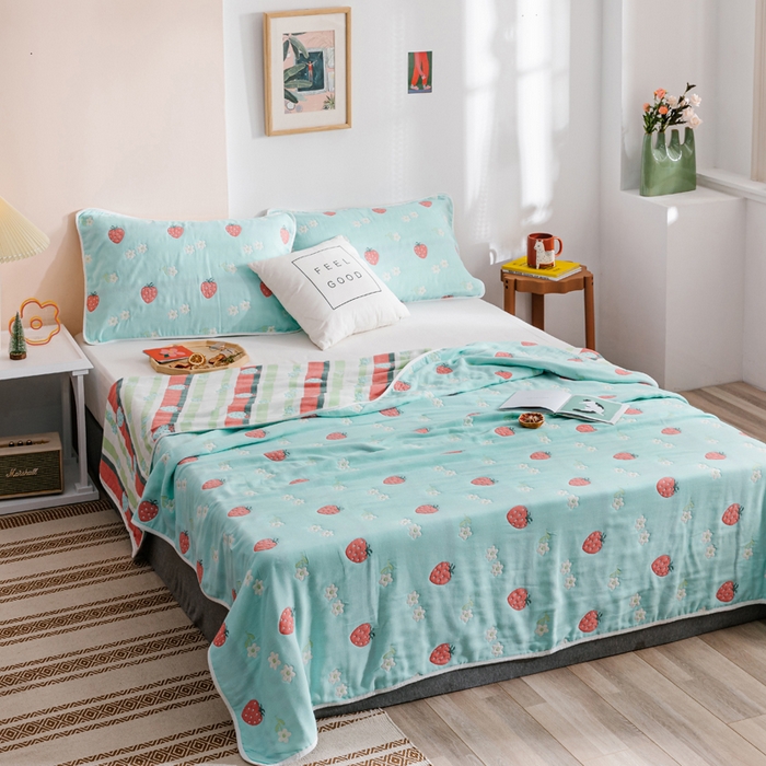 91家纺网 家纺一手货源 找家纺 朴尔家纺-毛巾被 2026春夏新款六层全棉纯棉纱布毛巾被夏被夏凉被空调被 甜甜草莓-兰