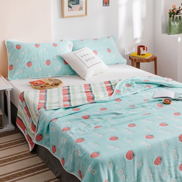 91家纺网 家纺一手货源 找家纺 朴尔家纺-毛巾被 2026春夏新款六层全棉纯棉纱布毛巾被夏被夏凉被空调被 甜甜草莓-兰