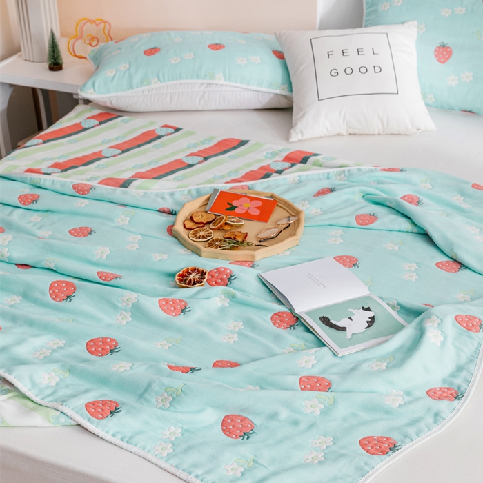 91家纺网 家纺一手货源 找家纺 朴尔家纺-毛巾被 2026春夏新款六层全棉纯棉纱布毛巾被夏被夏凉被空调被 甜甜草莓-兰