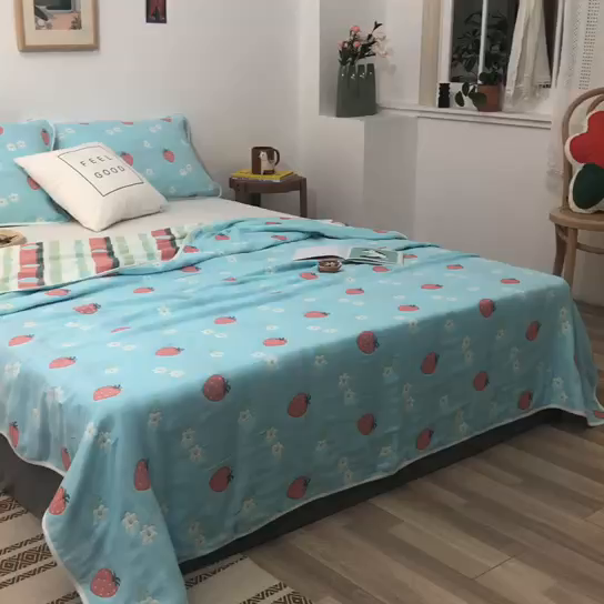 91家纺网 家纺一手货源 找家纺 朴尔家纺-毛巾被 2026春夏新款六层全棉纯棉纱布毛巾被夏被夏凉被空调被 甜甜草莓-兰