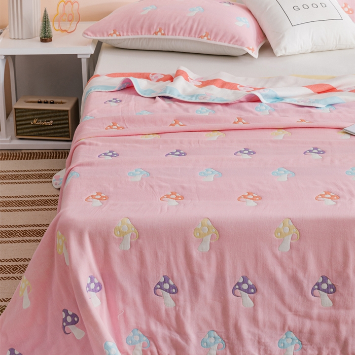 91家纺网 家纺一手货源 找家纺 朴尔家纺-毛巾被 2026春夏新款六层全棉纯棉纱布毛巾被夏被夏凉被空调被 五彩蘑菇-粉