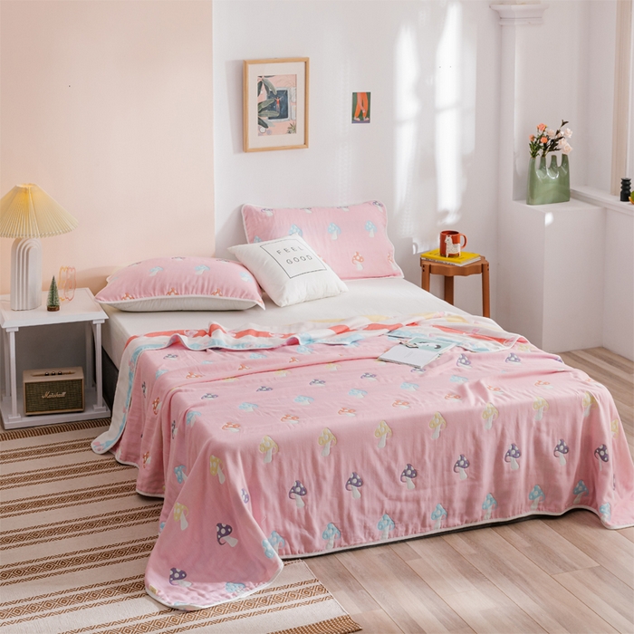 91家纺网 家纺一手货源 找家纺 朴尔家纺-毛巾被 2026春夏新款六层全棉纯棉纱布毛巾被夏被夏凉被空调被 五彩蘑菇-粉