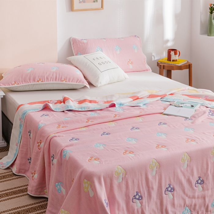 91家纺网 家纺一手货源 找家纺 朴尔家纺-毛巾被 2026春夏新款六层全棉纯棉纱布毛巾被夏被夏凉被空调被 五彩蘑菇-粉