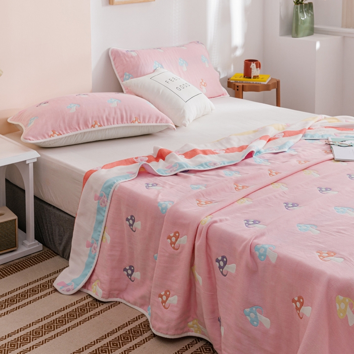 91家纺网 家纺一手货源 找家纺 朴尔家纺-毛巾被 2026春夏新款六层全棉纯棉纱布毛巾被夏被夏凉被空调被 五彩蘑菇-粉