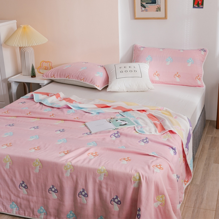 91家纺网 家纺一手货源 找家纺 朴尔家纺-毛巾被 2026春夏新款六层全棉纯棉纱布毛巾被夏被夏凉被空调被 五彩蘑菇-粉