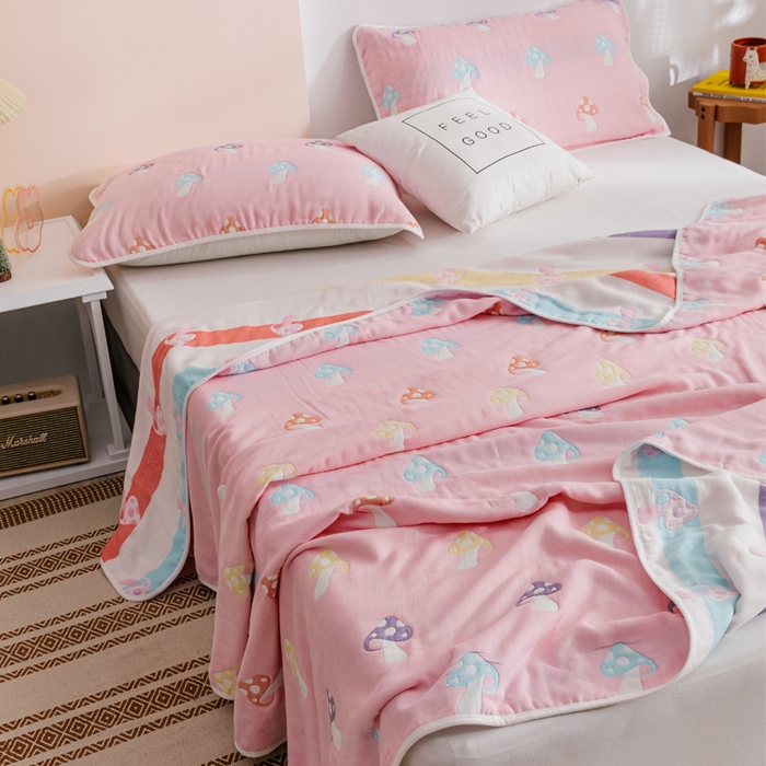 91家纺网 家纺一手货源 找家纺 朴尔家纺-毛巾被 2026春夏新款六层全棉纯棉纱布毛巾被夏被夏凉被空调被 五彩蘑菇-粉