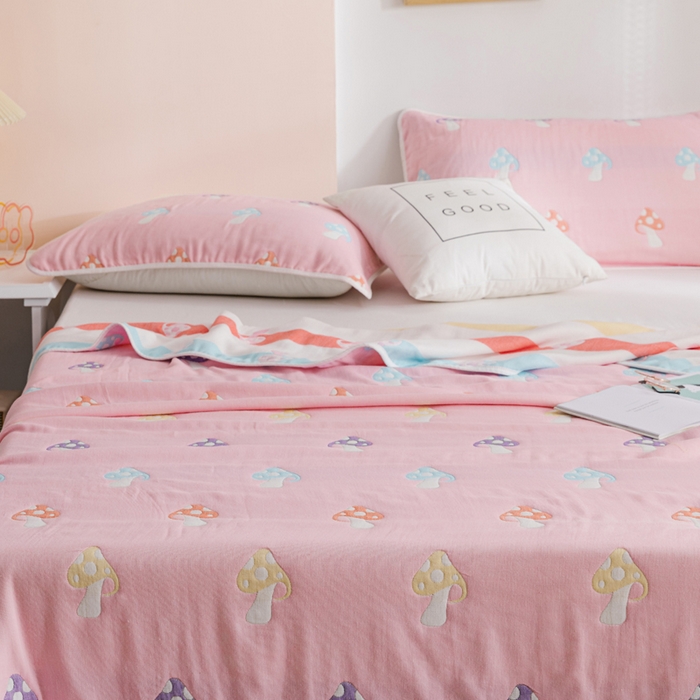 91家纺网 家纺一手货源 找家纺 朴尔家纺-毛巾被 2026春夏新款六层全棉纯棉纱布毛巾被夏被夏凉被空调被 五彩蘑菇-粉