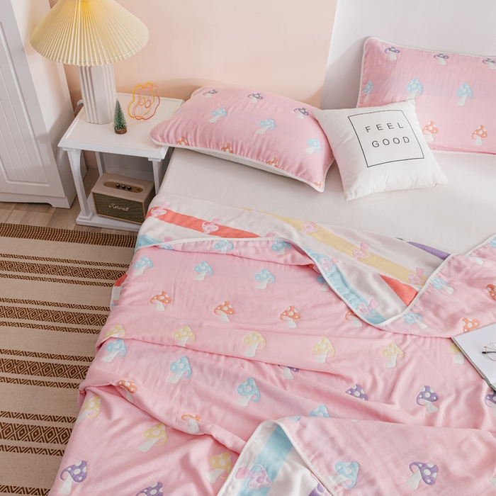 91家纺网 家纺一手货源 找家纺 朴尔家纺-毛巾被 2026春夏新款六层全棉纯棉纱布毛巾被夏被夏凉被空调被 五彩蘑菇-粉