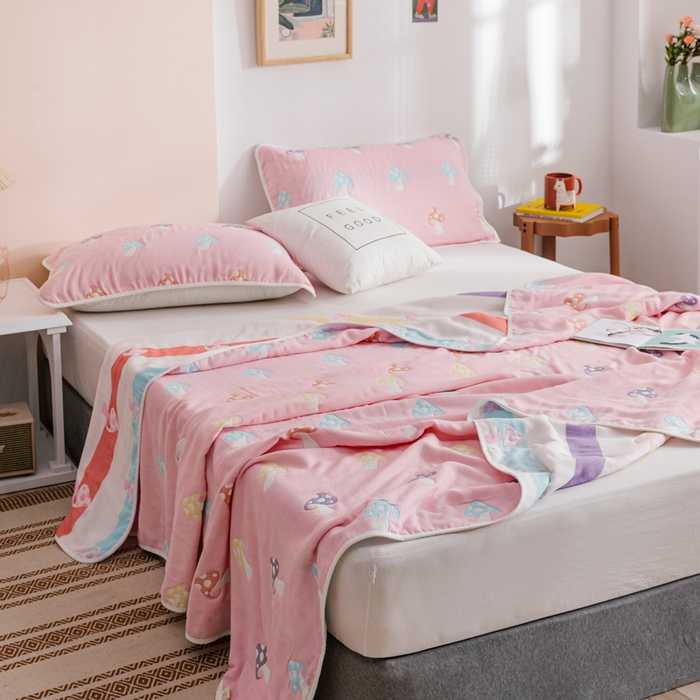 91家纺网 家纺一手货源 找家纺 朴尔家纺-毛巾被 2026春夏新款六层全棉纯棉纱布毛巾被夏被夏凉被空调被 五彩蘑菇-粉