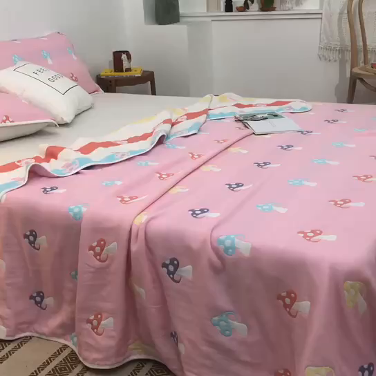 91家纺网 家纺一手货源 找家纺 朴尔家纺-毛巾被 2026春夏新款六层全棉纯棉纱布毛巾被夏被夏凉被空调被 五彩蘑菇-粉