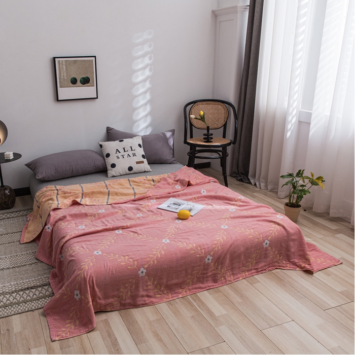 91家纺网 家纺一手货源 找家纺 朴尔家纺-毛巾被 2026春夏新款主推三层水洗棉纱布毛巾被夏被夏凉被空调被 花之恋-粉黄