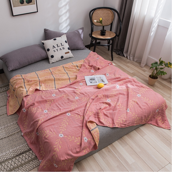 91家纺网 家纺一手货源 找家纺 朴尔家纺-毛巾被 2026春夏新款主推三层水洗棉纱布毛巾被夏被夏凉被空调被 花之恋-粉黄