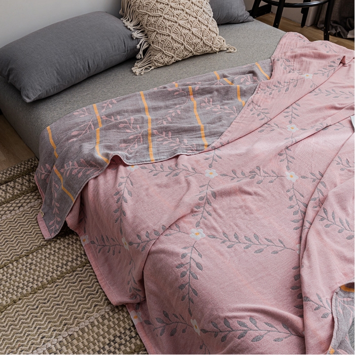 91家纺网 家纺一手货源 找家纺 朴尔家纺-毛巾被 2026春夏新款主推三层水洗棉纱布毛巾被夏被夏凉被空调被 花之恋-粉灰