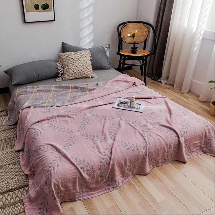 91家纺网 家纺一手货源 找家纺 朴尔家纺-毛巾被 2026春夏新款主推三层水洗棉纱布毛巾被夏被夏凉被空调被 花之恋-粉灰