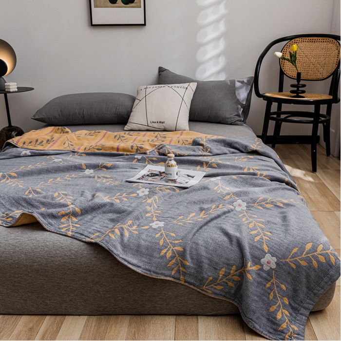 朴尔家纺-毛巾被 2026春夏新款主推三层水洗棉纱布毛巾被夏被夏凉被空调被 花之恋-蓝黄