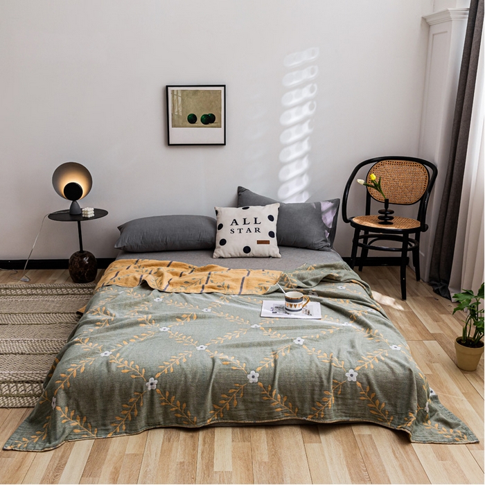 91家纺网 家纺一手货源 找家纺 朴尔家纺-毛巾被 2026春夏新款主推三层水洗棉纱布毛巾被夏被夏凉被空调被 花之恋-绿黄