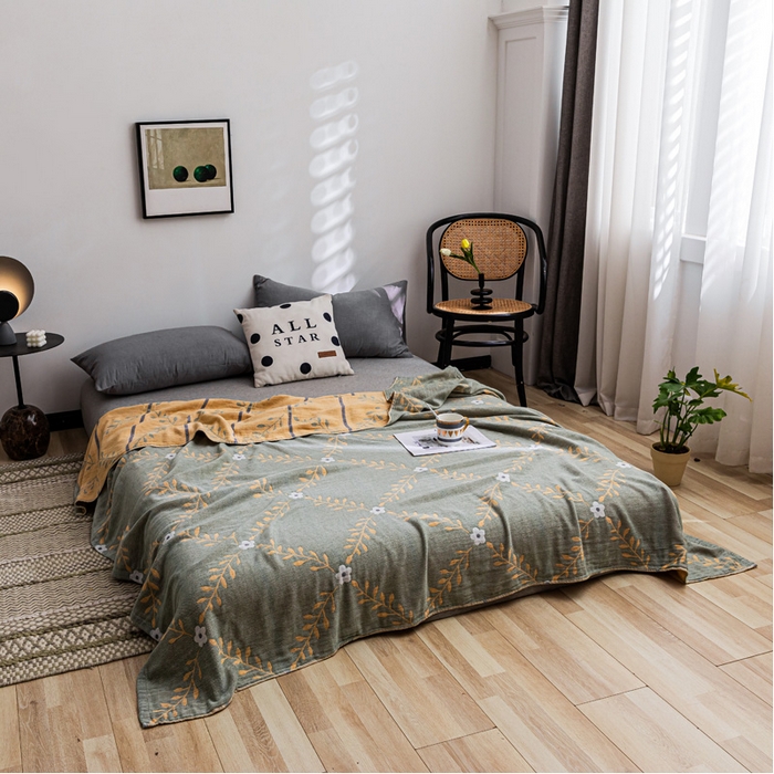 91家纺网 家纺一手货源 找家纺 朴尔家纺-毛巾被 2026春夏新款主推三层水洗棉纱布毛巾被夏被夏凉被空调被 花之恋-绿黄