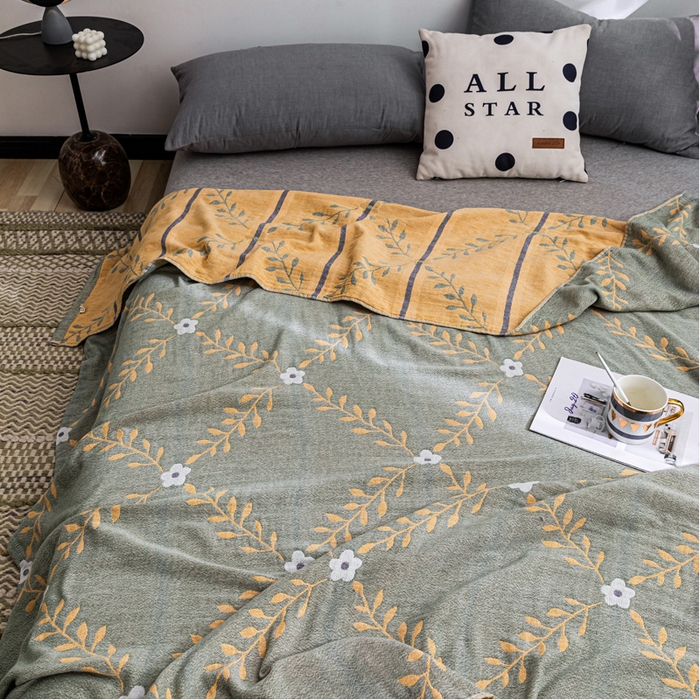 91家纺网 家纺一手货源 找家纺 朴尔家纺-毛巾被 2026春夏新款主推三层水洗棉纱布毛巾被夏被夏凉被空调被 花之恋-绿黄