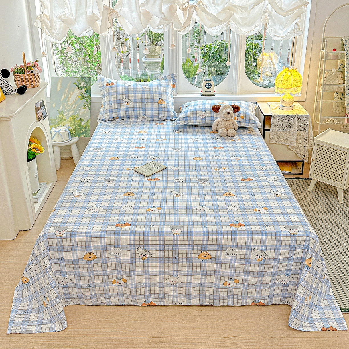 91家纺网 家纺一手货源 找家纺 恩泽家纺 2026春夏新款全棉纯棉12868印花四件套及单品系列-单床单床单单件 甜心汪·蓝