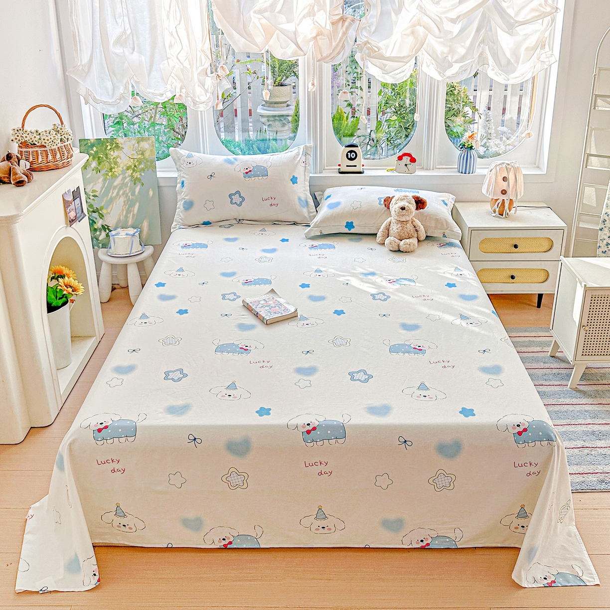 91家纺网 家纺一手货源 找家纺 恩泽家纺 2026春夏新款全棉纯棉12868印花四件套及单品系列-单床单床单单件 星愿萌犬