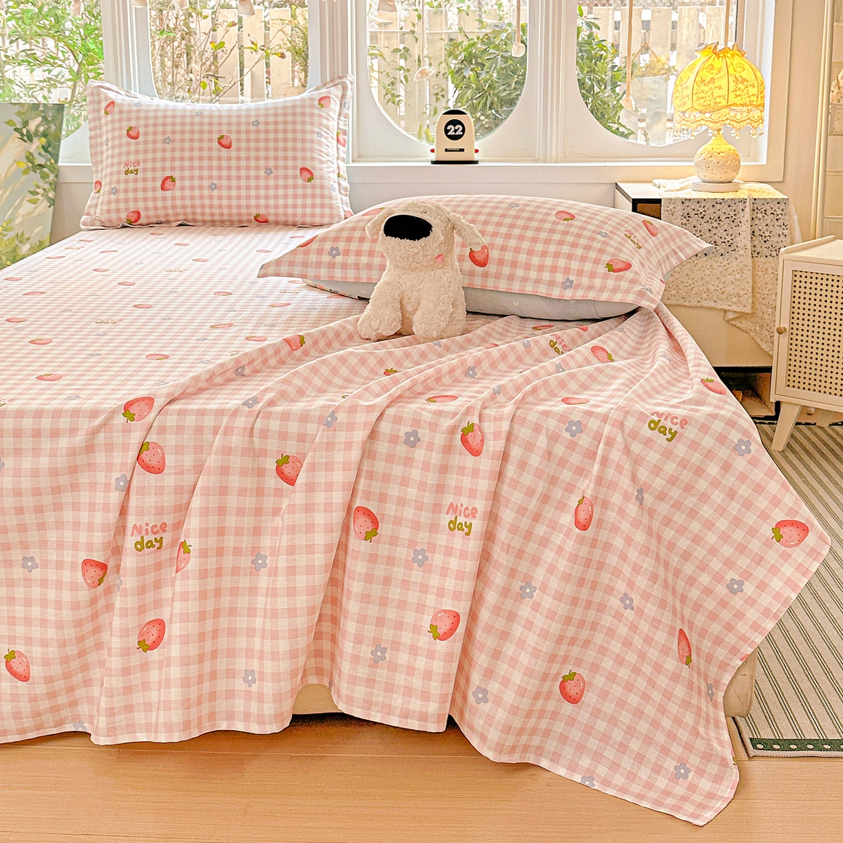 91家纺网 家纺一手货源 找家纺 恩泽家纺 2026春夏新款全棉纯棉12868印花四件套及单品系列-单床单床单单件 草莓季