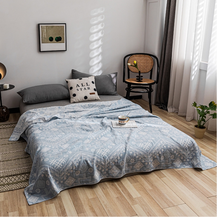 91家纺网 家纺一手货源 找家纺 朴尔家纺-毛巾被 2026春夏新款主推三层水洗棉纱布毛巾被夏被夏凉被空调被 远古图腾-冰蓝