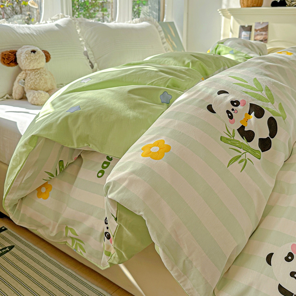 91家纺网 家纺一手货源 找家纺 恩泽家纺 2026春夏新款全棉12868印花四件套单品系列-单被套-提供买家秀，预留缩水率 熊猫与牛油果
