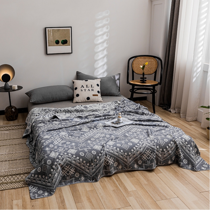 91家纺网 家纺一手货源 找家纺 朴尔家纺-毛巾被 2026春夏新款主推三层水洗棉纱布毛巾被夏被夏凉被空调被 远古图腾-灰