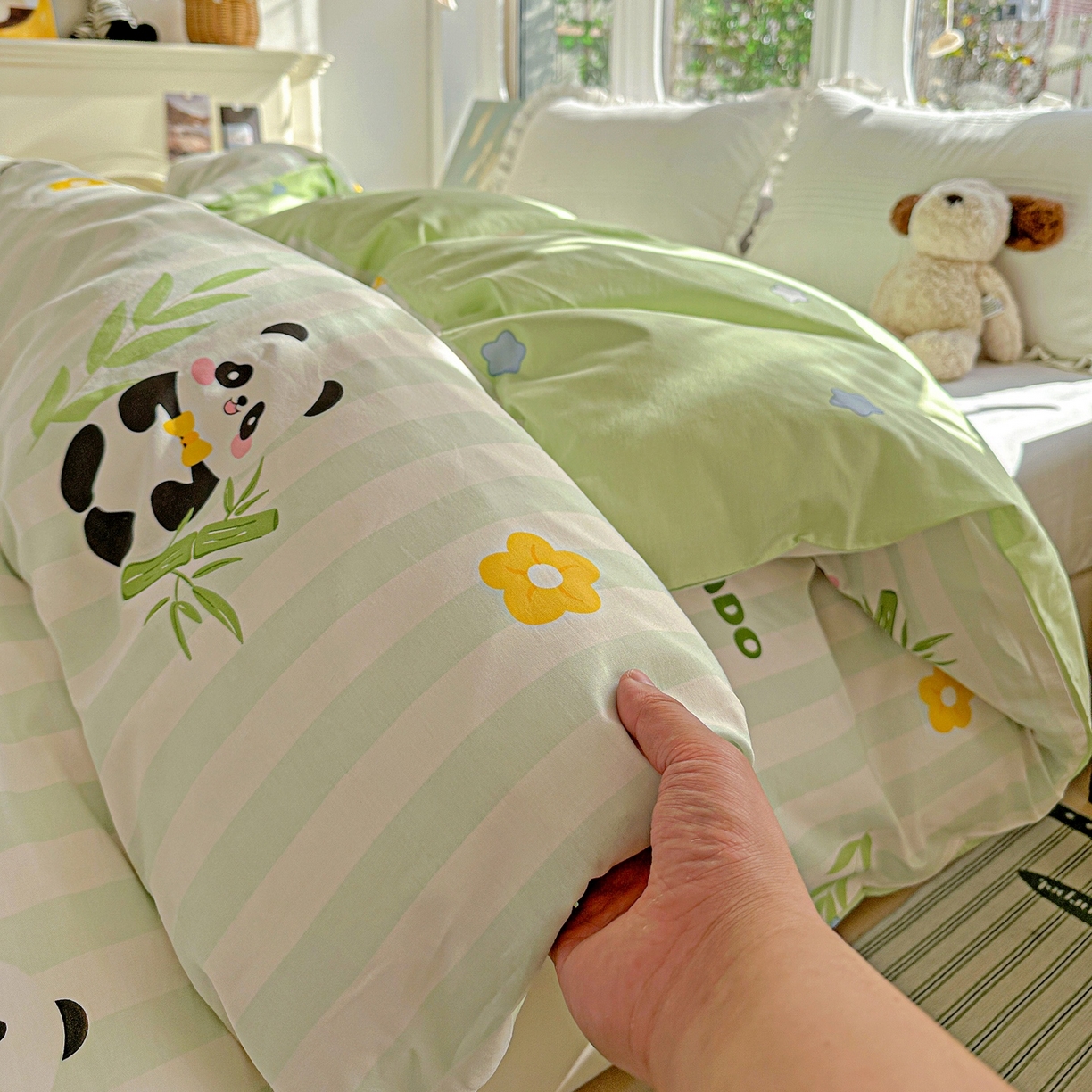 91家纺网 家纺一手货源 找家纺 恩泽家纺 2026春夏新款全棉12868印花四件套单品系列-单被套-提供买家秀，预留缩水率 熊猫与牛油果