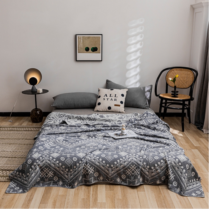 91家纺网 家纺一手货源 找家纺 朴尔家纺-毛巾被 2026春夏新款主推三层水洗棉纱布毛巾被夏被夏凉被空调被 远古图腾-灰