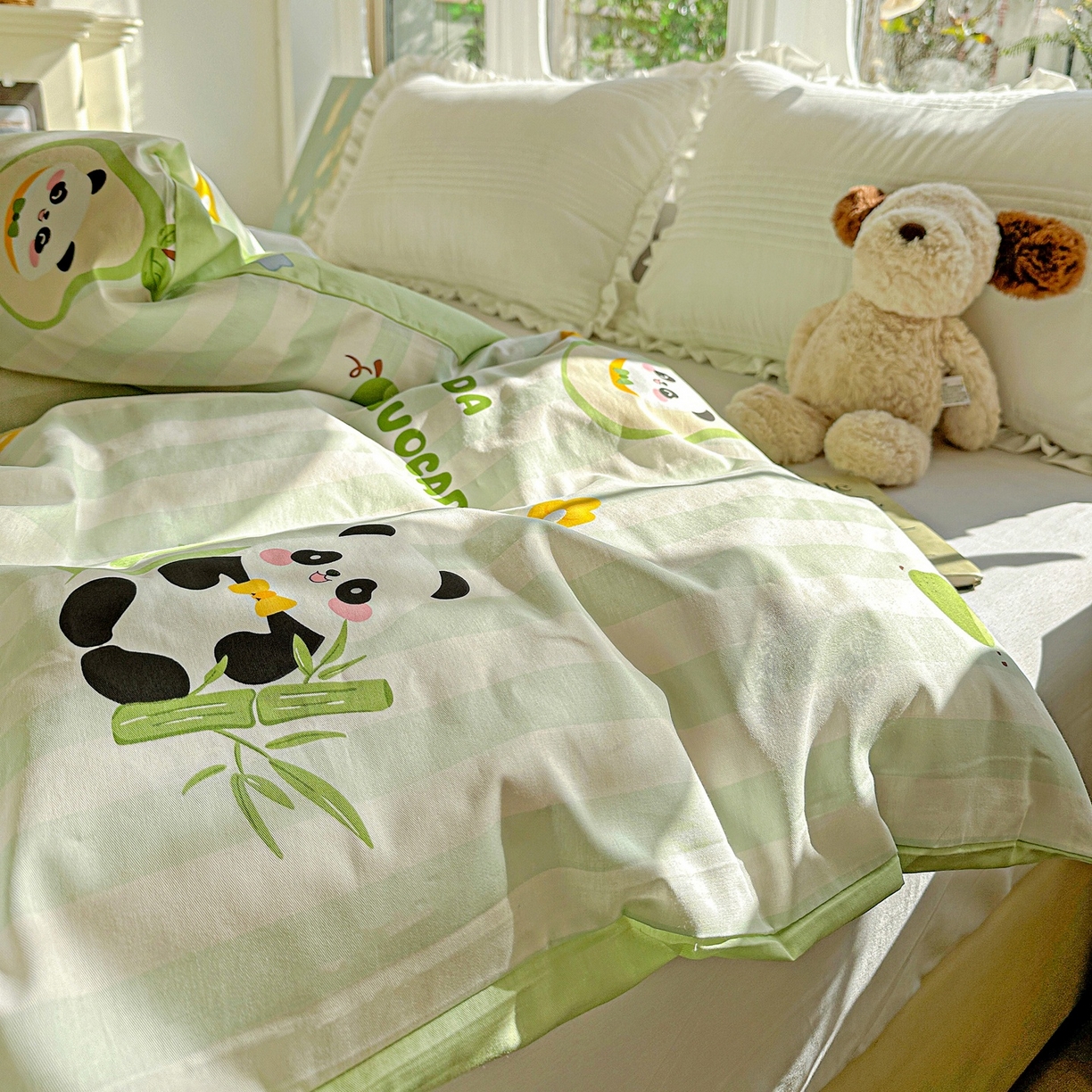 91家纺网 家纺一手货源 找家纺 恩泽家纺 2026春夏新款全棉12868印花四件套单品系列-单被套-提供买家秀，预留缩水率 熊猫与牛油果