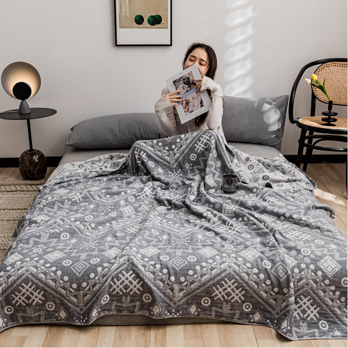 91家纺网 家纺一手货源 找家纺 朴尔家纺-毛巾被 2026春夏新款主推三层水洗棉纱布毛巾被夏被夏凉被空调被 远古图腾-灰