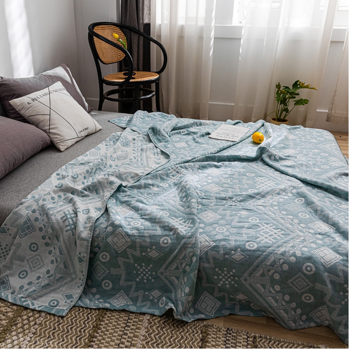 91家纺网 家纺一手货源 找家纺 朴尔家纺-毛巾被 2026春夏新款主推三层水洗棉纱布毛巾被夏被夏凉被空调被 远古图腾-绿