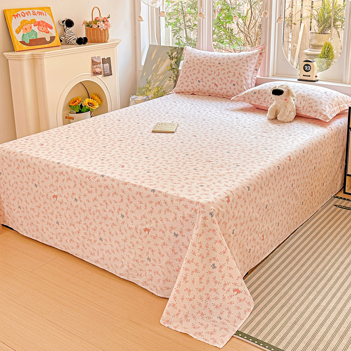 91家纺网 家纺一手货源 找家纺 恩泽家纺 2026春夏新款全棉纯棉12868印花四件套及单品系列-单床单床单单件 花丛小兔子