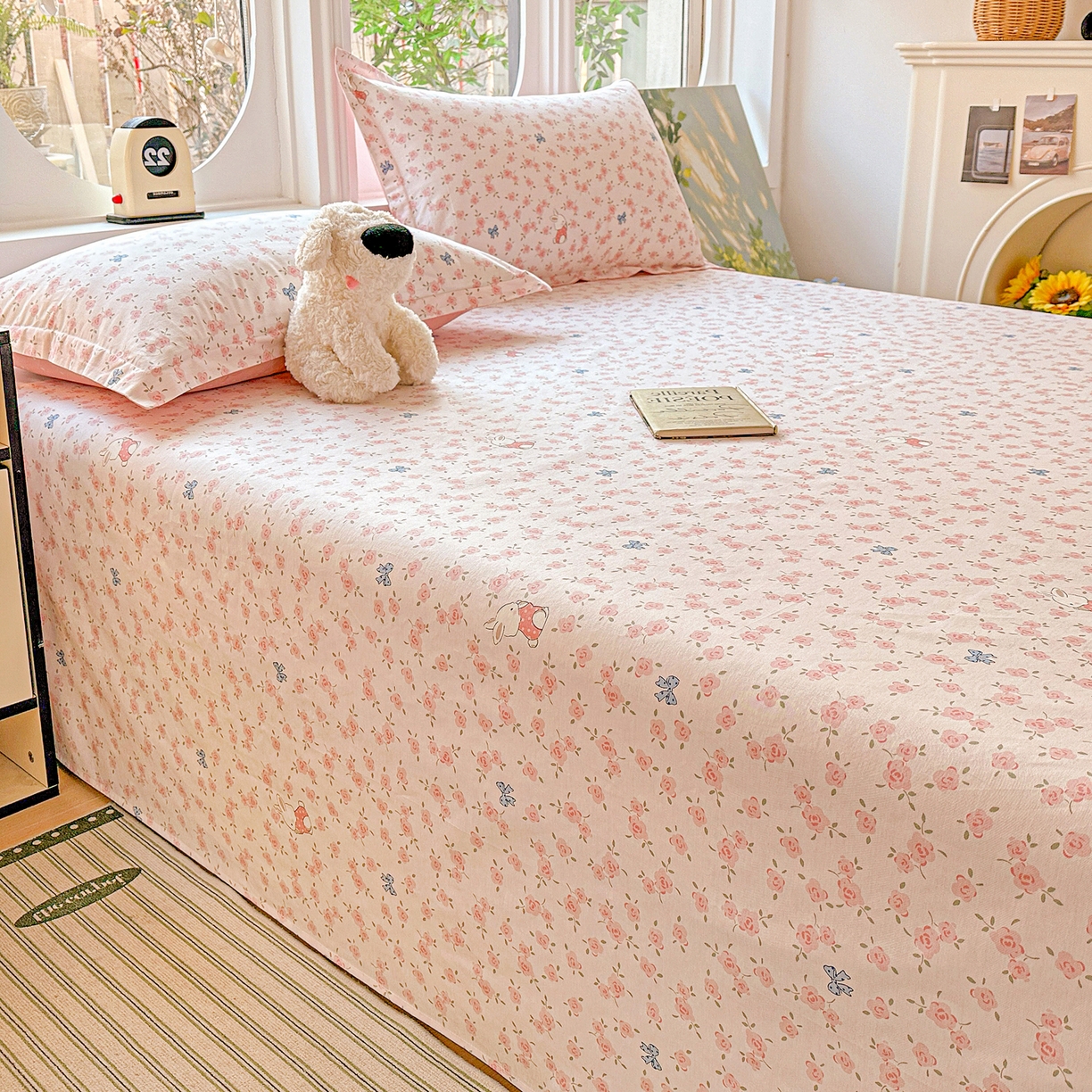 91家纺网 家纺一手货源 找家纺 恩泽家纺 2026春夏新款全棉纯棉12868印花四件套及单品系列-单床单床单单件 花丛小兔子