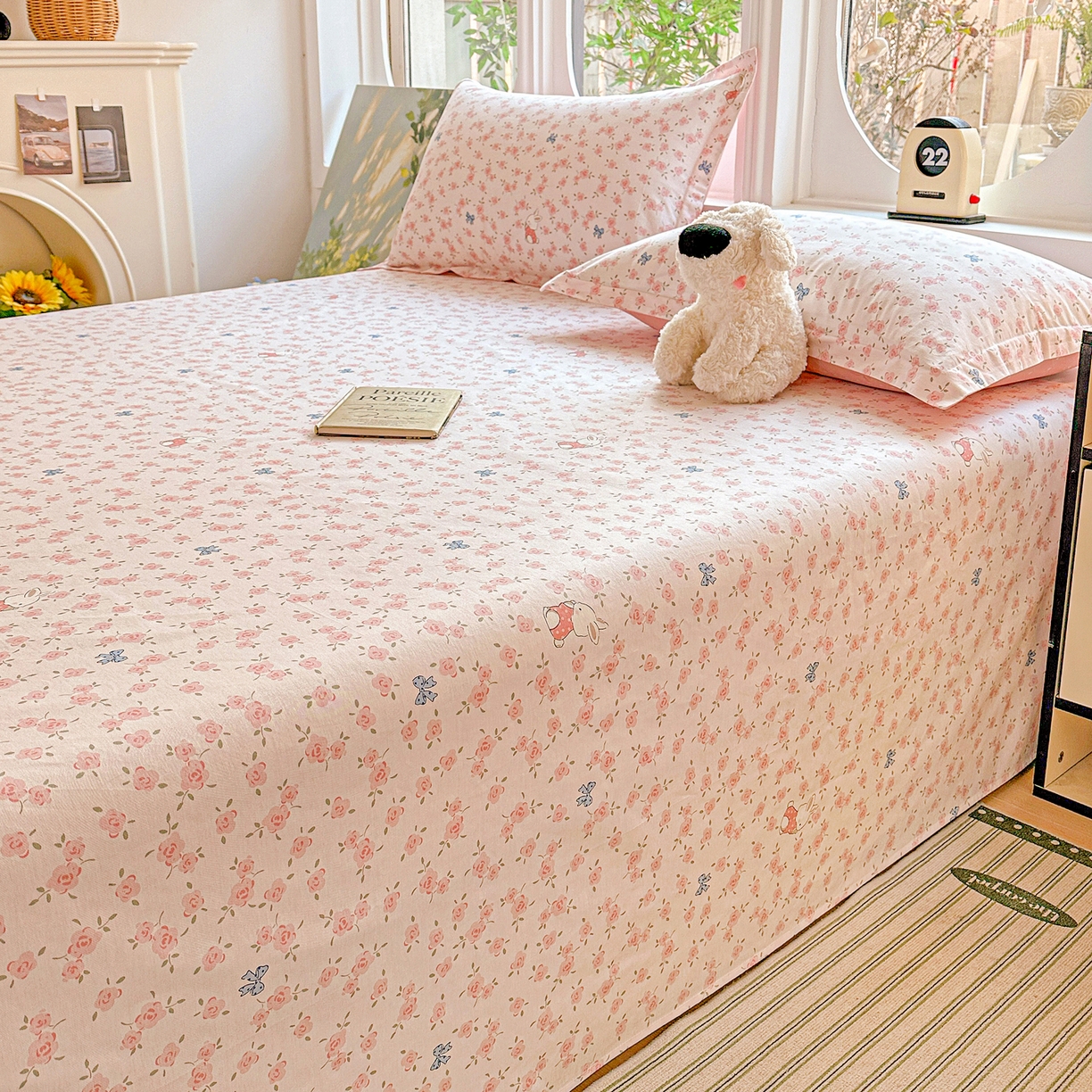 91家纺网 家纺一手货源 找家纺 恩泽家纺 2026春夏新款全棉纯棉12868印花四件套及单品系列-单床单床单单件 花丛小兔子