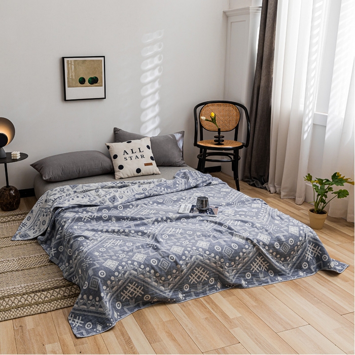 91家纺网 家纺一手货源 找家纺 朴尔家纺-毛巾被 2026春夏新款主推三层水洗棉纱布毛巾被夏被夏凉被空调被 远古图腾-深蓝