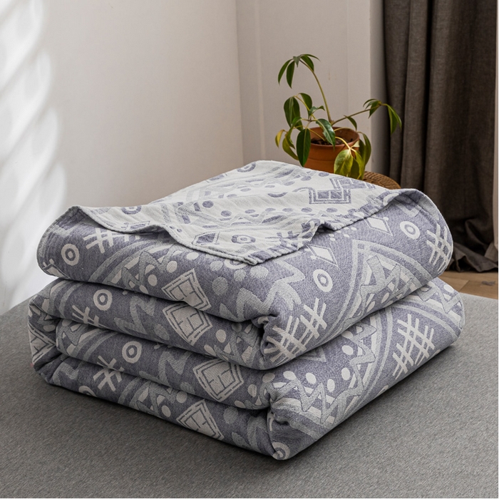 91家纺网 家纺一手货源 找家纺 朴尔家纺-毛巾被 2026春夏新款主推三层水洗棉纱布毛巾被夏被夏凉被空调被 远古图腾-深蓝