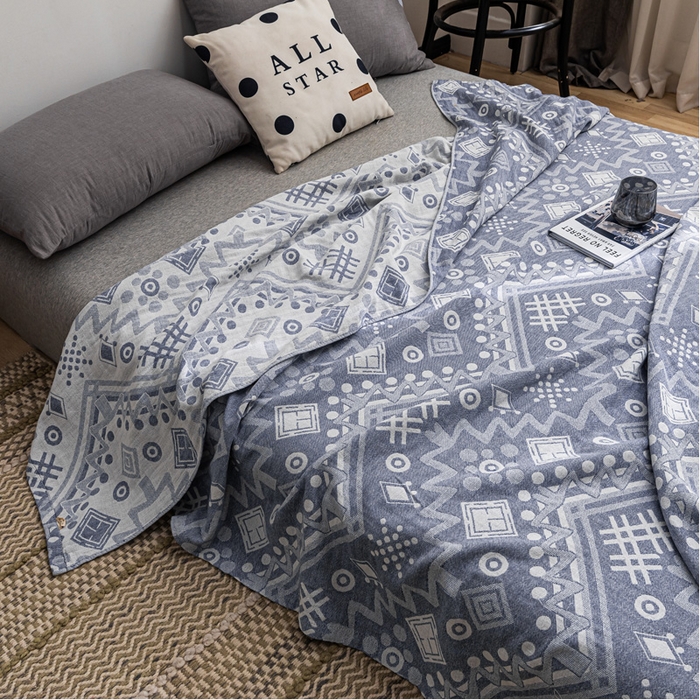 91家纺网 家纺一手货源 找家纺 朴尔家纺-毛巾被 2026春夏新款主推三层水洗棉纱布毛巾被夏被夏凉被空调被 远古图腾-深蓝