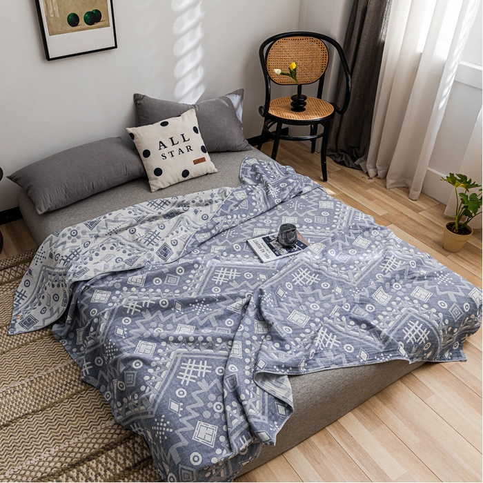 91家纺网 家纺一手货源 找家纺 朴尔家纺-毛巾被 2026春夏新款主推三层水洗棉纱布毛巾被夏被夏凉被空调被 远古图腾-深蓝