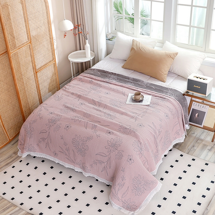 91家纺网 家纺一手货源 找家纺 朴尔家纺-毛巾被 2026春夏新款韩式花边纯棉竹纤维加大成人纱布毛巾被夏被夏凉被空调被 怒放-粉毛巾被