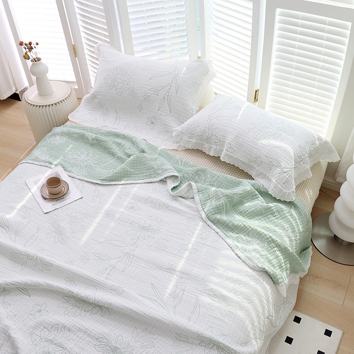 91家纺网 家纺一手货源 找家纺 朴尔家纺-毛巾被 2026春夏新款韩式花边纯棉竹纤维加大成人纱布毛巾被夏被夏凉被空调被 怒放-绿毛巾被