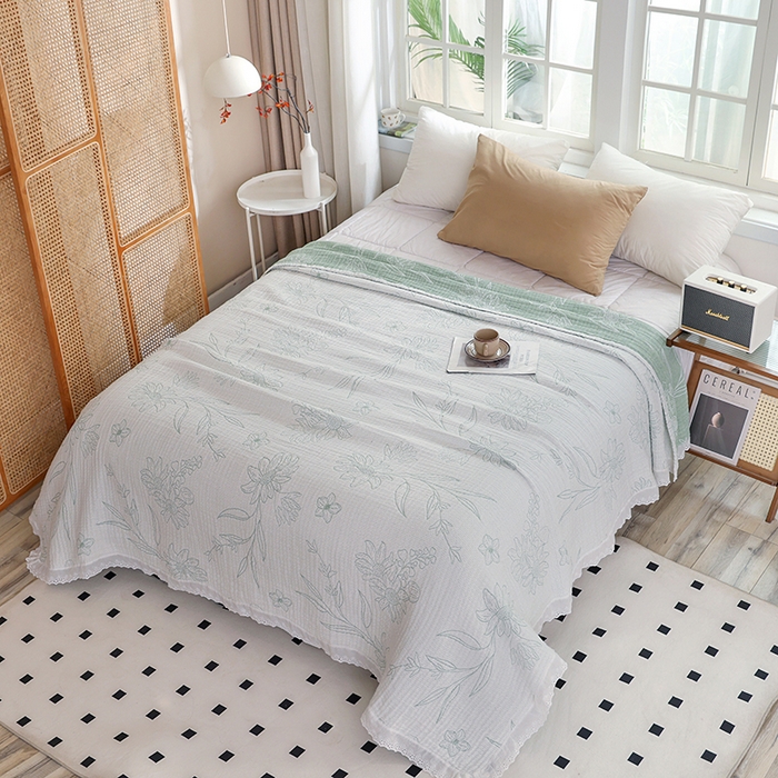 91家纺网 家纺一手货源 找家纺 朴尔家纺-毛巾被 2026春夏新款韩式花边纯棉竹纤维加大成人纱布毛巾被夏被夏凉被空调被 怒放-绿毛巾被