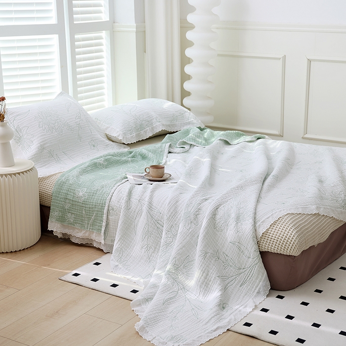 91家纺网 家纺一手货源 找家纺 朴尔家纺-毛巾被 2026春夏新款韩式花边纯棉竹纤维加大成人纱布毛巾被夏被夏凉被空调被 怒放-绿毛巾被