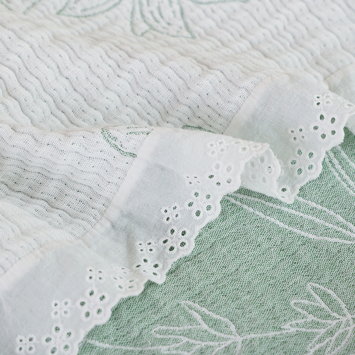 91家纺网 家纺一手货源 找家纺 朴尔家纺-毛巾被 2026春夏新款韩式花边纯棉竹纤维加大成人纱布毛巾被夏被夏凉被空调被 怒放-绿毛巾被