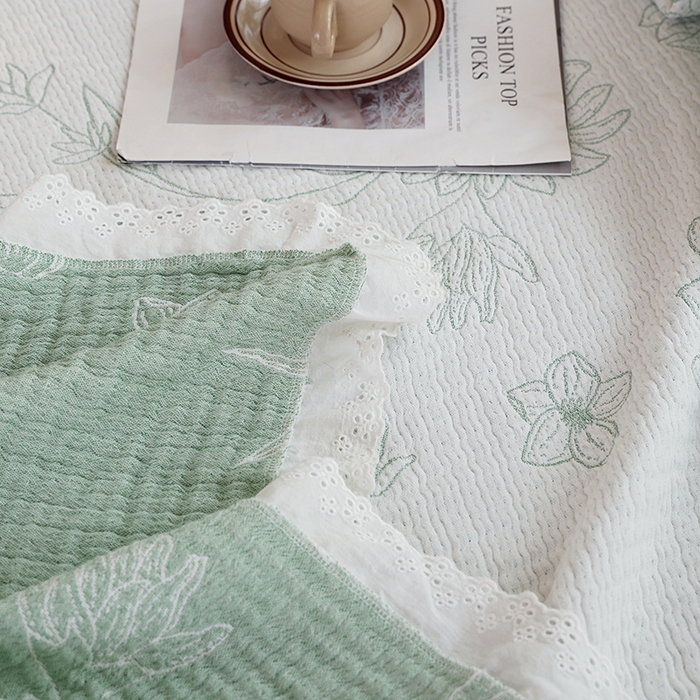 91家纺网 家纺一手货源 找家纺 朴尔家纺-毛巾被 2026春夏新款韩式花边纯棉竹纤维加大成人纱布毛巾被夏被夏凉被空调被 怒放-绿毛巾被