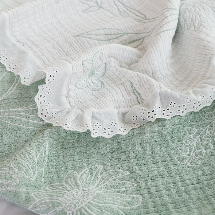 91家纺网 家纺一手货源 找家纺 朴尔家纺-毛巾被 2026春夏新款韩式花边纯棉竹纤维加大成人纱布毛巾被夏被夏凉被空调被 怒放-绿毛巾被