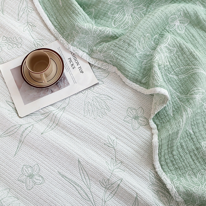 91家纺网 家纺一手货源 找家纺 朴尔家纺-毛巾被 2026春夏新款韩式花边纯棉竹纤维加大成人纱布毛巾被夏被夏凉被空调被 怒放-绿毛巾被