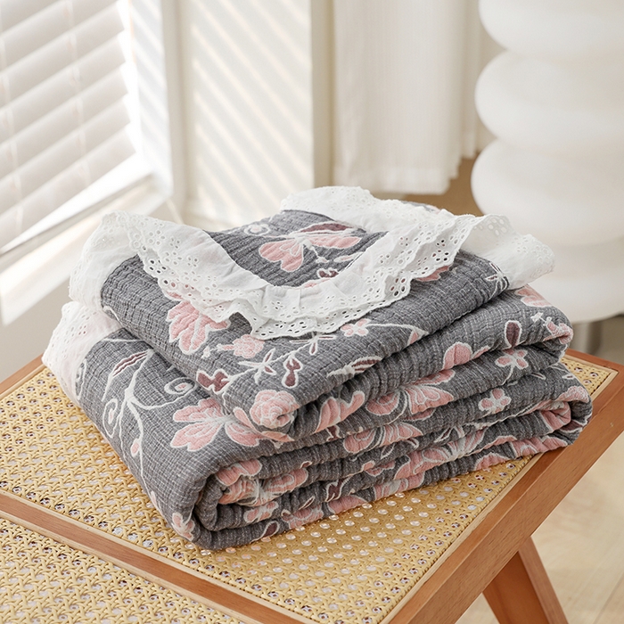 朴尔家纺-毛巾被 2026春夏新款韩式花边纯棉竹纤维加大成人纱布毛巾被夏被夏凉被空调被 藤蔓之恋--毛巾被