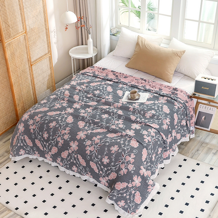 91家纺网 家纺一手货源 找家纺 朴尔家纺-毛巾被 2026春夏新款韩式花边纯棉竹纤维加大成人纱布毛巾被夏被夏凉被空调被 藤蔓之恋--毛巾被